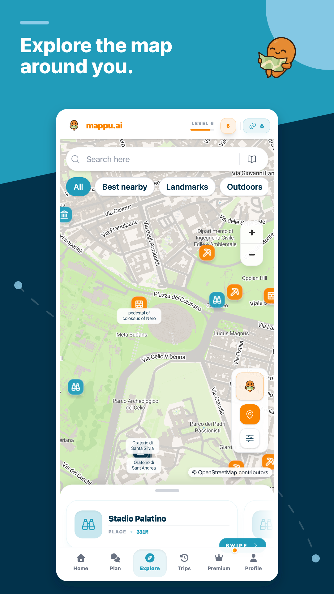 Current Mappu Explore map showing nearby places around the Colosseum