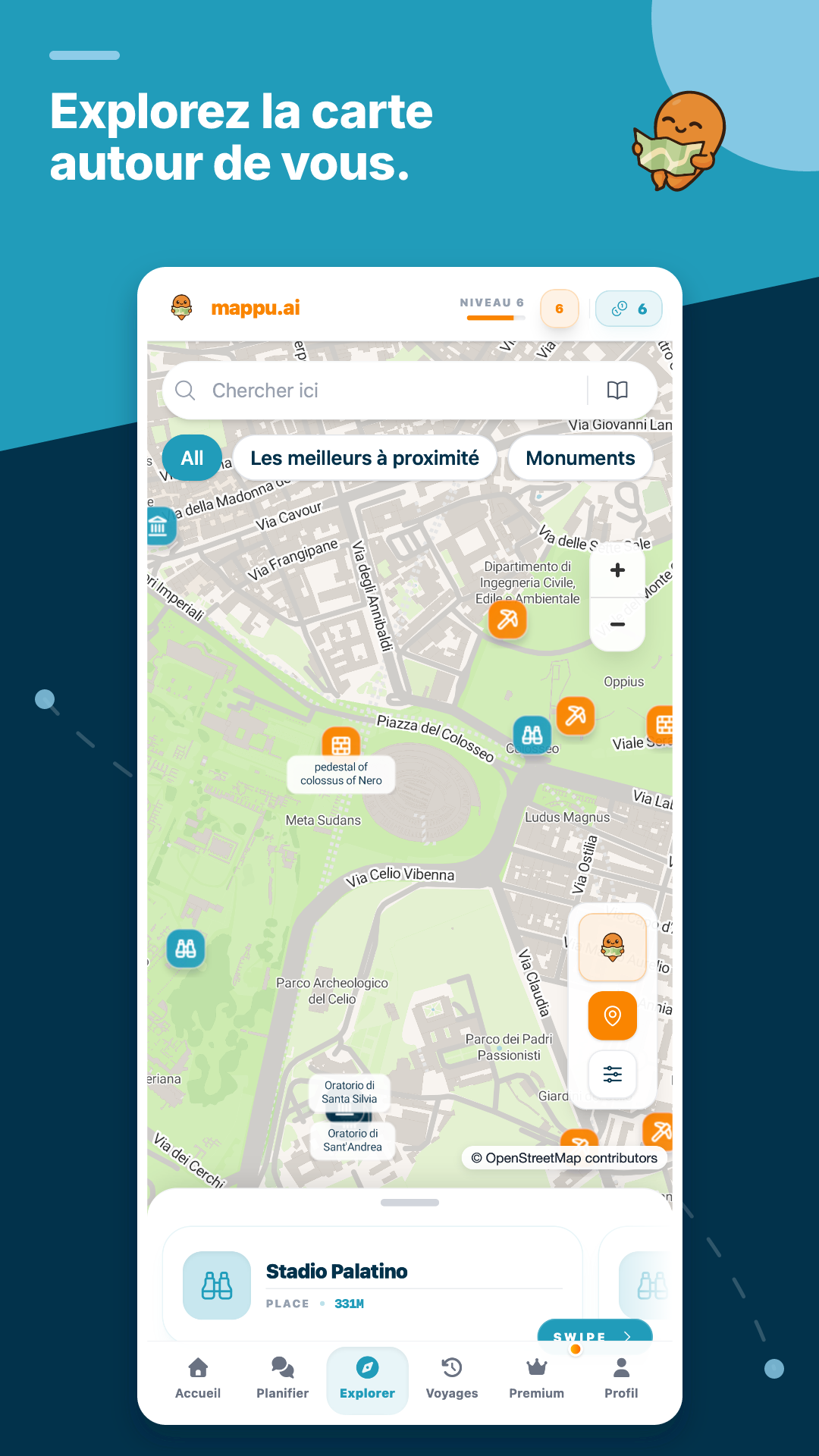 Carte Explorer actuelle de Mappu avec des lieux proches autour du Colisée
